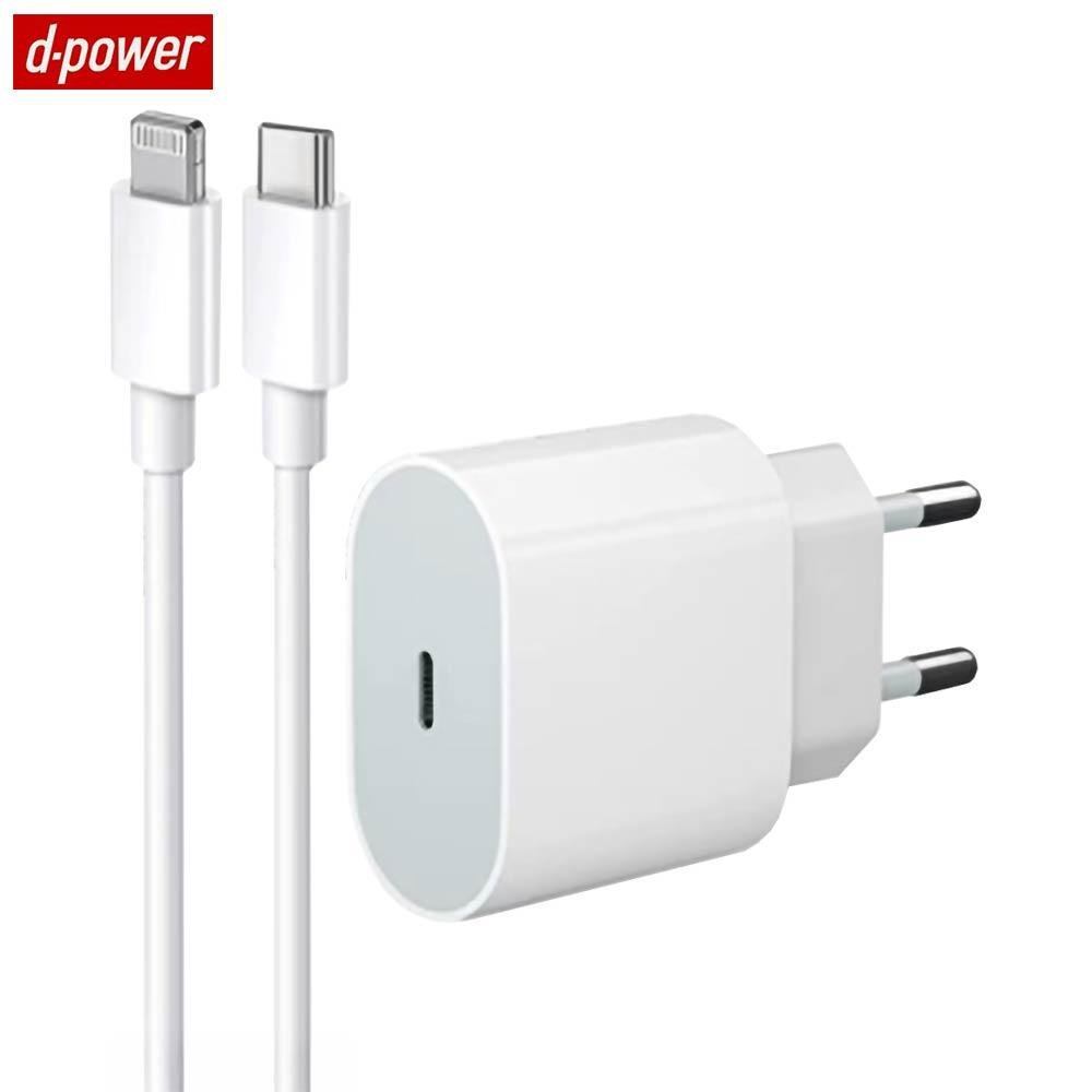 Chargeur Secteur USB-C d-power J8542 20W avec Câble Data USB-C vers Lightning (1m) Blanc – Image 2