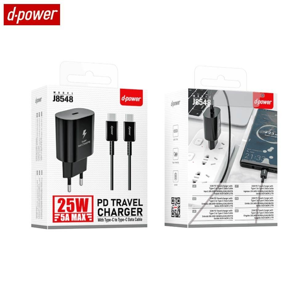 Chargeur Secteur USB-C d-power J8548B Charge Rapide 25W avec Câble Data USB-C vers USB-C Noir – Image 2