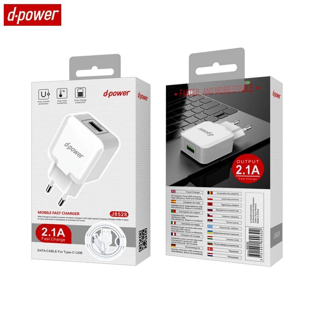 Chargeur Secteur USB d-power J8528 10.5W avec Câble Data USB vers USB-C Blanc
